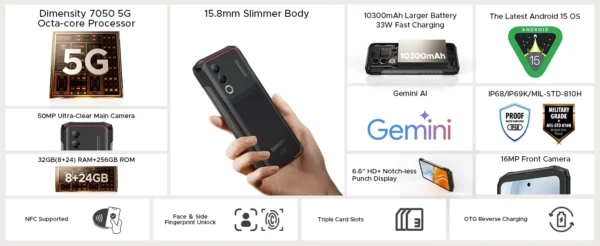 A0047ccddd6164dcbb8927f2cf6f046af9.webp DOOGEE Blade20 Turbo 5G Rugged Phone Gemini Al 6.6'' Screen 10300mAh Battery 8GB 256GB 50MP Camera Android 15 NFC Mobile Phone