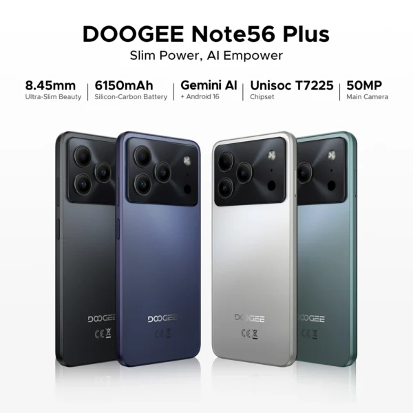 A0b32997b090f4ccd886e05bbfe97e263I.webp DOOGEE Note56 Plus Smartphone Android 16 48GB+256GB 6150mAh Large Battery 6.56'' 90Hz Display UNISOC T7225 50MP Camera NFC