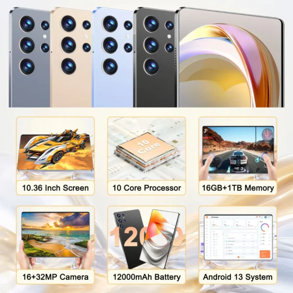 A2f355af940024bd4a4d8bbab3c439e86t.webp 2025 5G New Tablet Android 10.36inch 16GB RAM 1TB ROM Tablets PC 12000mAh 10-core Android 13.0 16MP 32MP WIFI Bluetooth Network