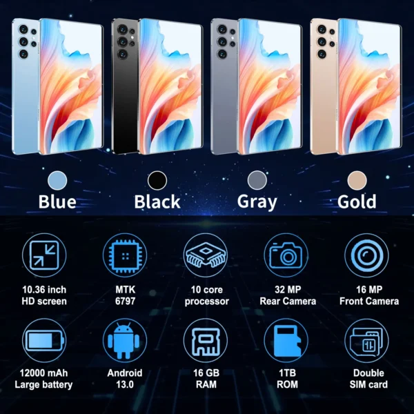 Af23f8f6fdb7b4202917a0e6ccec8b439W.webp 2025 New 10.36Inch Original Tablet 16GB Ram 1TB Rom Android13.0 Dual SIM 10 Core 12000mAh Bluetooth WIFI 5G Network Tablet PC