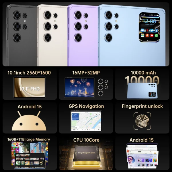5G Tablet PC Pad 25 Ultra 10.1" Display 10000mAh Battery 16GB+1TB Deca Core Dual SIM GPS