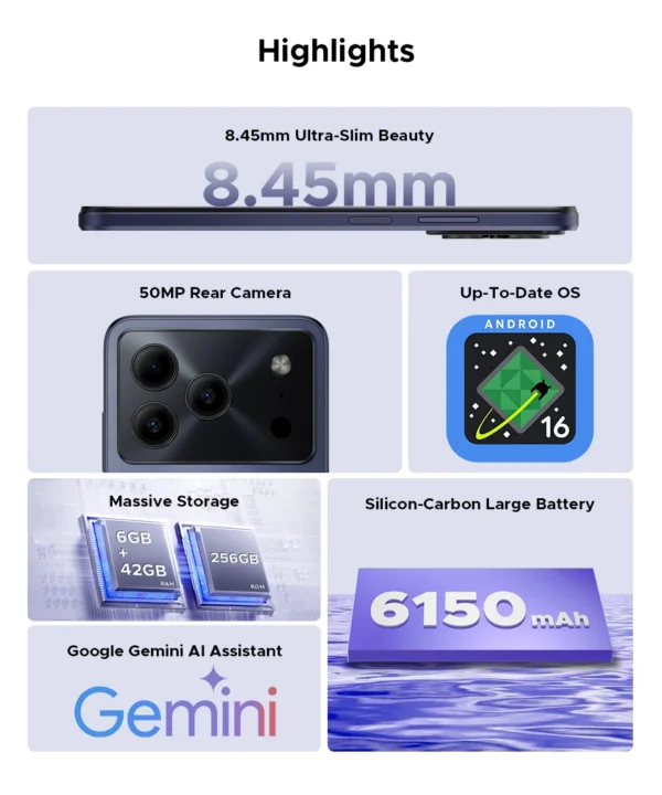 S0a4edca1c447478cbccd215e744f9c156.webp DOOGEE Note56 Plus Smartphone Android 16 48GB+256GB 6150mAh Large Battery 6.56'' 90Hz Display UNISOC T7225 50MP Camera NFC