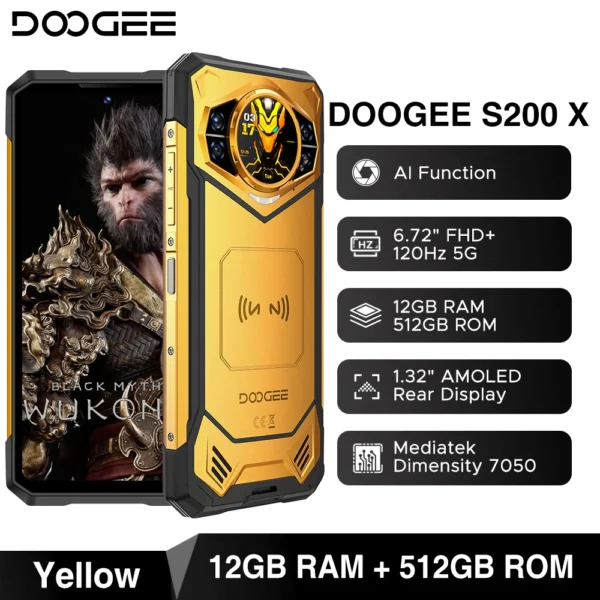S0efe96d28d61444cb02dd3ad5d7f02c56.webp World Premiere DOOGEE S200 X 5G Rugged Phone 12+512GB Smartphone 6.72” FHD+120Hz IPS screen Dimensity 7050 10100mAh battery 33W