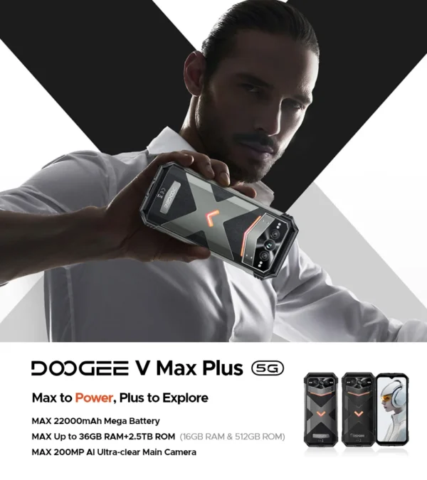 DOOGEE V Max Plus 5G Rugged Phone 6.58" Dimensity 7050 16GB+512GB 200MP Camera 22000mAh Large Battery Lighting Effect Phone
