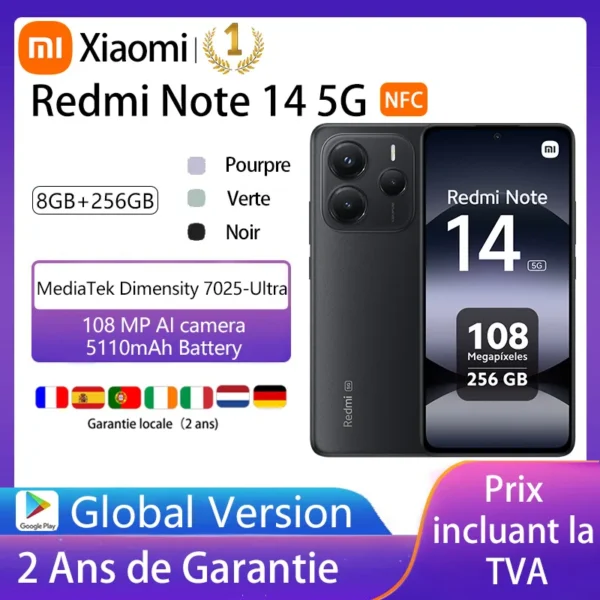 S2a5d0e7a47b140e59cc967d68147a1b7q.webp Xiaomi Redmi Note 14 5G, NFC, smartphone, MediaTek Dimensity 7025-Ultra, screen AMOLED, inches, 120Hz, Al 108 MP camera system with OlS,Charger Not Included