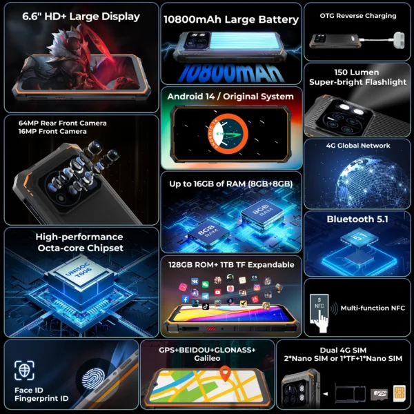 S4768a40a445d4806a9154347011bd0b6I.webp HOTWAV Cyber 13 Rugged Phone 10800mAh Massive Battery 8GB 128GB Smartphone 150LM Flashlight 6.6'' HD+ 64MP Android 14 Cellphone