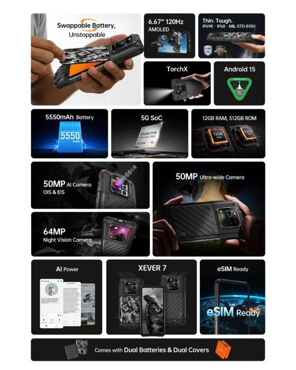 RugOne Xever 7 5G Rugged Phone Android 15 Smartphone 512GB ROM 12+12GB RAM 6.67" 120Hz AMOLED NFC 5500mAh Swappable Battery