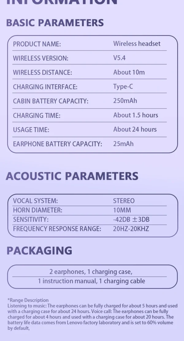 Lenovo TA410 Wireless Bluetooth 5.4 Earphones TWS Panoramic Sound Effects Ultra Long Battry Life Headphones Comfortable To Wear