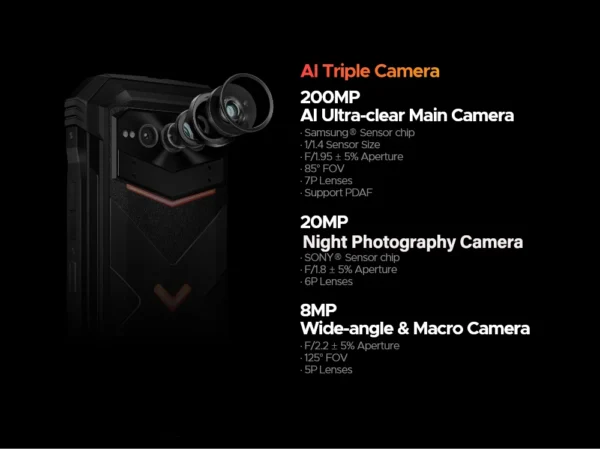 DOOGEE V Max Plus 5G Rugged Phone 6.58" Dimensity 7050 16GB+512GB 200MP Camera 22000mAh Large Battery Lighting Effect Phone