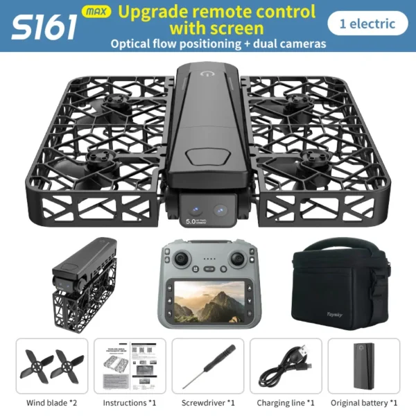 S75d92374c5474f6f9bbf648177a0a28de.webp S161Max Drone 8K Professional Dual Camera Brushless Motor Optical Flow Hovering Folding Quadcopter S161 Max 4K RC Dron Toys