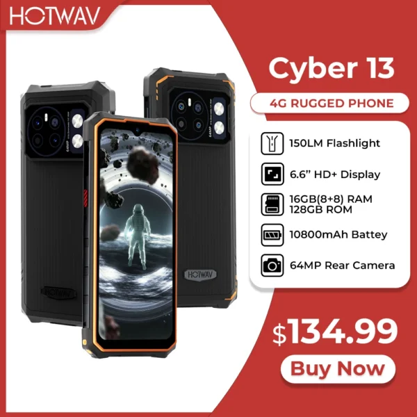 S78962c3fdb1440989226347c17c43a53s.webp HOTWAV Cyber 13 Rugged Phone 10800mAh Massive Battery 8GB 128GB Smartphone 150LM Flashlight 6.6'' HD+ 64MP Android 14 Cellphone