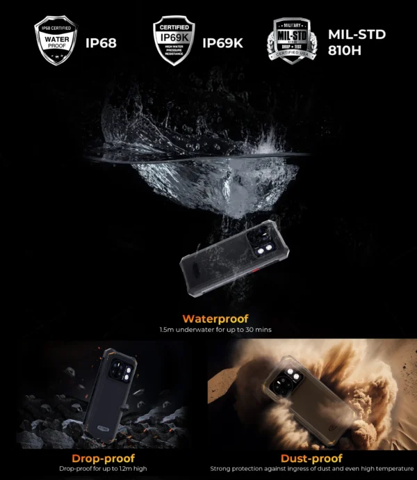 Se7b58ca86da3434eabb2c3129838eb1dY.webp HOTWAV Cyber 13 Rugged Phone 10800mAh Massive Battery 8GB 128GB Smartphone 150LM Flashlight 6.6'' HD+ 64MP Android 14 Cellphone