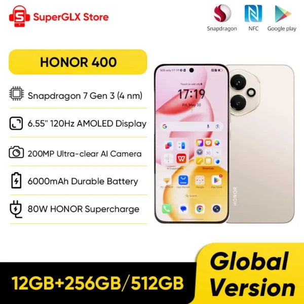 Sea62202281be4c7888624781e49b33ab5.webp Original HONOR 400 Global Version 5G Smartphone 6.55" 120Hz AMOLED Display Snapdragon 7 Gen 3 200MP 6000mAh 80W SuperCharge NFC