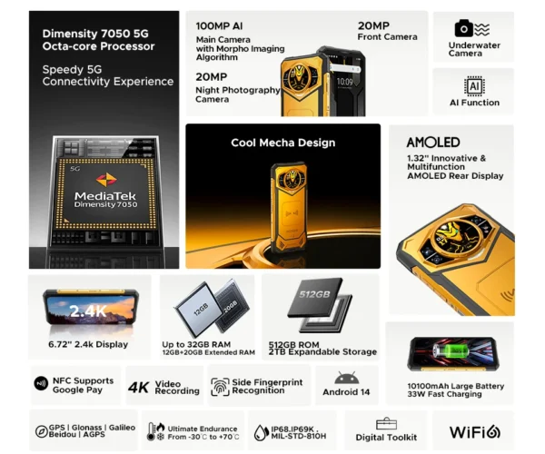 Sf2e73c82ab3946b699a930d7fb27a8d8C.webp World Premiere DOOGEE S200 X 5G Rugged Phone 12+512GB Smartphone 6.72” FHD+120Hz IPS screen Dimensity 7050 10100mAh battery 33W