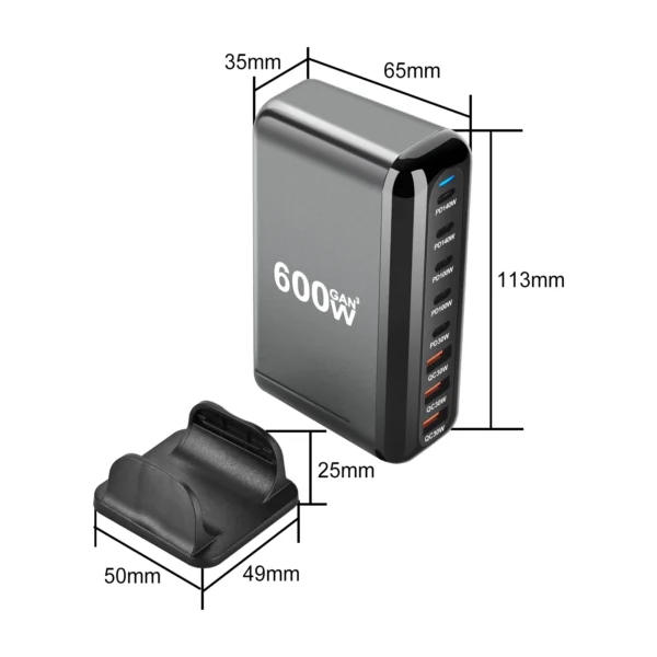 600W Gan Fast Charge 3.0 USB Type C Charger 8-Port 5C3A PD Mobile Tablet Fast Charger for Phone Convenient Carry