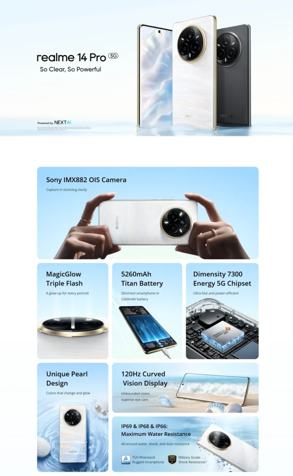 Global Version Realme 14 Pro 5g Smartphone 5g Processor Dimensity 7300 Energy Chipset Sony Imx882 Camera with Ois Screen