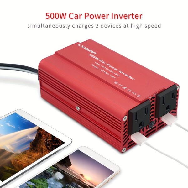10daed8f-a213-4324-9152-f0050923dce8.jpg 500W Heavy-Duty Power Inverter - DC 12V to 110V AC Converter with 3.1A Dual USB Car Adapter for Charging Laptops, Tablets, and Smartphones on The Go - Portable and Compact Design