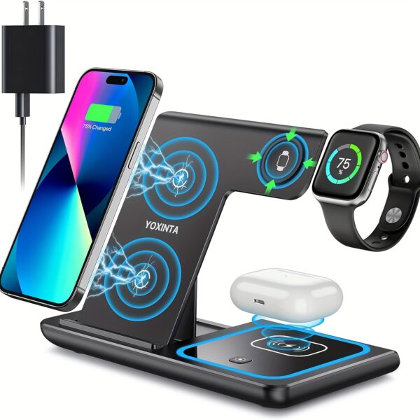 [3-in-1 Wireless Rapid Charger] 3-in-1 Foldable Wireless Rapid Charger - Wireless Charger for Smartphones, Watches, and Headphones