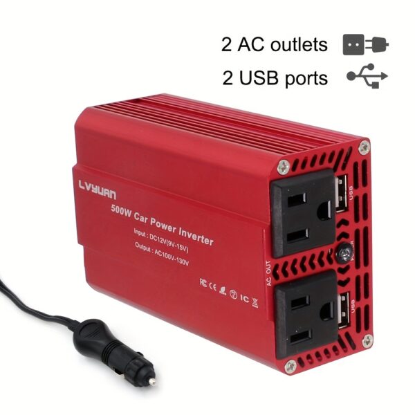 20cbe58d-c538-4352-aece-22987c91c9d1.jpg 500W Heavy-Duty Power Inverter - DC 12V to 110V AC Converter with 3.1A Dual USB Car Adapter for Charging Laptops, Tablets, and Smartphones on The Go - Portable and Compact Design