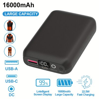 High-Capacity 16000mAh Power Bank - 5V/7.4V Battery Pack For Heated Vest With LED Display, DC/USB/Type-C Output - Fast Charging 22.5W Portable Charger Compatible With Smartphones, Tablets And More