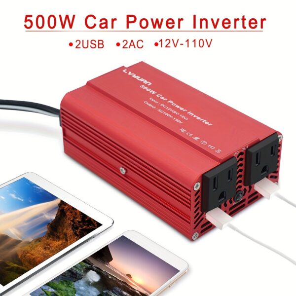 24f23909-5b13-4ec4-8832-69a830586197.jpg 500W Heavy-Duty Power Inverter - DC 12V to 110V AC Converter with 3.1A Dual USB Car Adapter for Charging Laptops, Tablets, and Smartphones on The Go - Portable and Compact Design