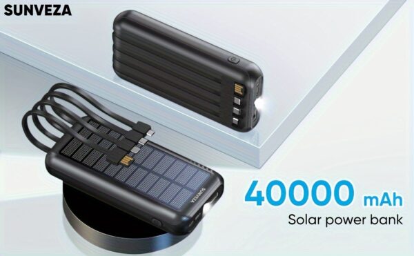 Sunveza Portable Solar Power Bank - 40000mAh Large Capacity, 3 Output, 1 Input Cable, Flashlight, 5V3.1A Fast Charger For Smartphones And Devices-LS42hei