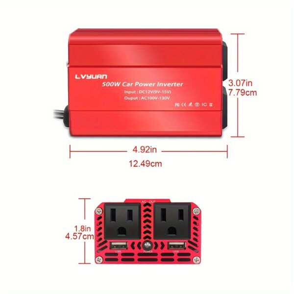 40bff7a2-1348-4a68-9da2-2814eb16e32d.jpg 500W Heavy-Duty Power Inverter - DC 12V to 110V AC Converter with 3.1A Dual USB Car Adapter for Charging Laptops, Tablets, and Smartphones on The Go - Portable and Compact Design