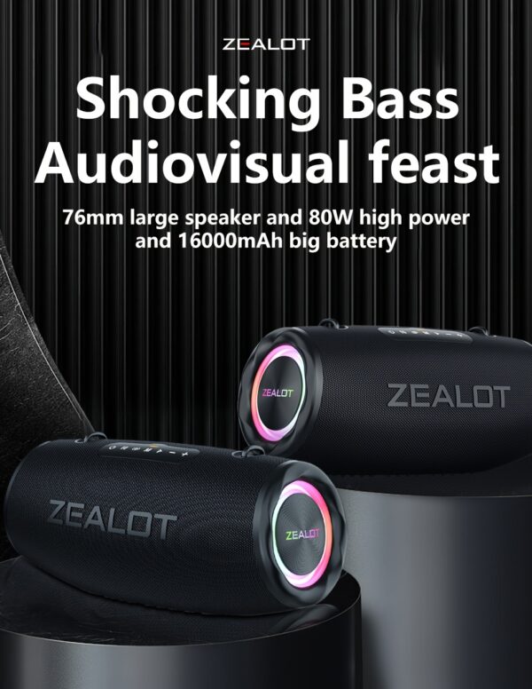 41144a77-1ba2-4914-91b2-6256b89c3d16.jpg ZEALOT 80W Large Speaker, IPX5, Outdoor Portable Subwoofer Wireless Speakers, Dual Pairing, 16000mAh Battery, 24Hours Playtime Loud Stereo, Booming Bass. Charging Cable, for PC, Smartphones, Car, Outdoor, Camping, Beach.-ZEALOT S87(2pcs A Set)