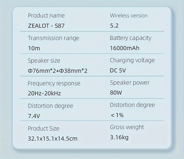 5cd55778-66f8-401f-98ed-d7eed5a32764.jpg ZEALOT 80W Large Speaker, IPX5, Outdoor Portable Subwoofer Wireless Speakers, Dual Pairing, 16000mAh Battery, 24Hours Playtime Loud Stereo, Booming Bass. Charging Cable, for PC, Smartphones, Car, Outdoor, Camping, Beach.-ZEALOT S87(2pcs A Set)