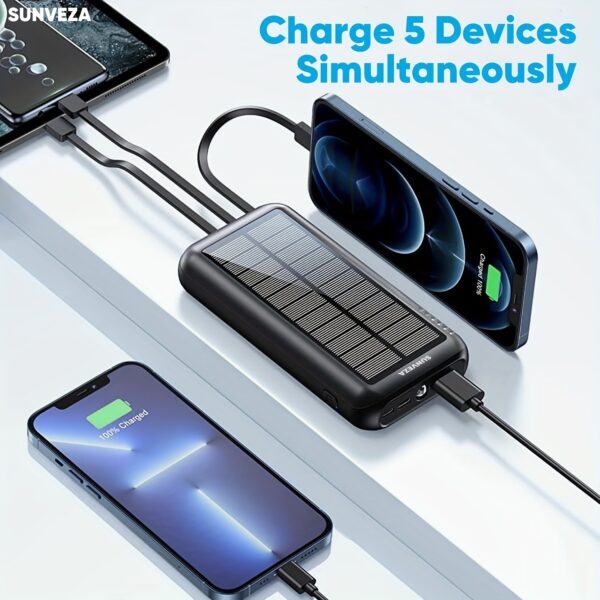 Sunveza Portable Solar Power Bank - 40000mAh Large Capacity, 3 Output, 1 Input Cable, Flashlight, 5V3.1A Fast Charger For Smartphones And Devices-LS42hei