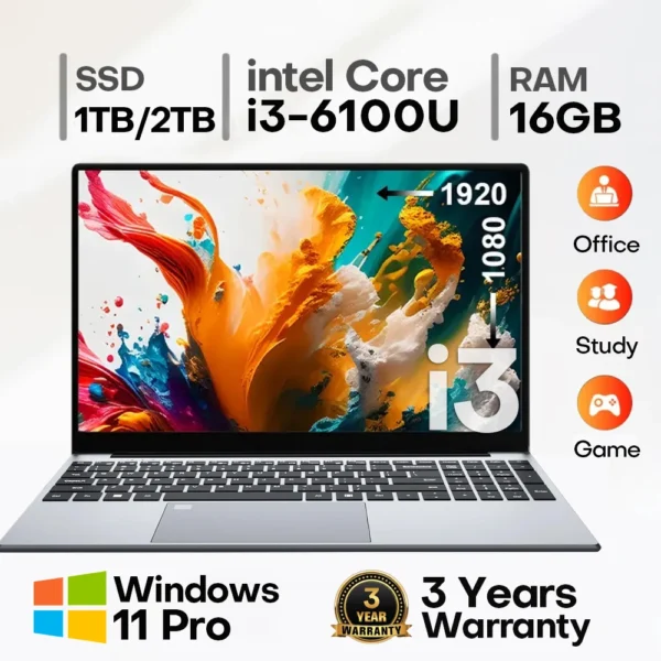 15.6" Intel Core i3 6100U Laptop Computer Windows 11 Pro 16GB RAM 512GB 1TB SSD Portable Notebook PC Office Study Laptops