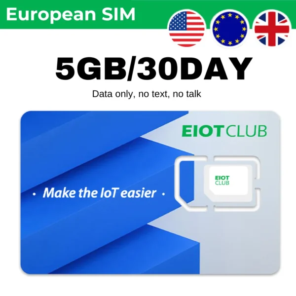 EIOTCLUB Europe & US Data SIM Card - 5GB 30DAY, 5G/4G High Speed Travel SIM, Data-Only, Rechargeable, No Roaming Fee