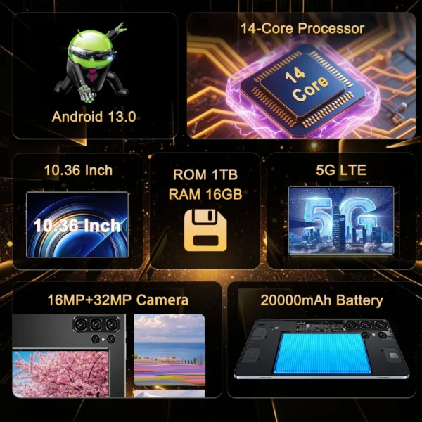 2025 Global Android 13 New 10.36 inch tablet 16GB 1TB 14 core 4K HD 5G WIFI Bluetooth WPS 20000mAh tablets