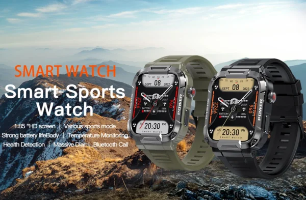 H74b2ef12f5de48ba949b92028bf025abO.webp 1.85 HD Large Screen Outdoor Design IP68 Waterproof Mud Proof Body Temperature Monitor High Quality Smart Watch MK66