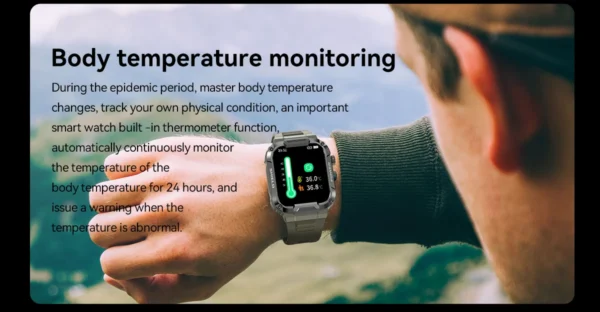 Hcfe56f980d0a48699ac0936916734da6T.webp 1.85 HD Large Screen Outdoor Design IP68 Waterproof Mud Proof Body Temperature Monitor High Quality Smart Watch MK66