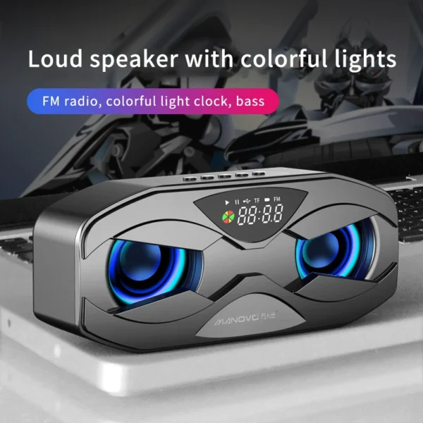 Hf8bf48c591794c13917c5c51734cc5045.webp Manovo M5 Portable Speaker with Heavy Bass Support FM Radio, LED Colorful Lights, Stereo Sound, for Home, Party, Travel