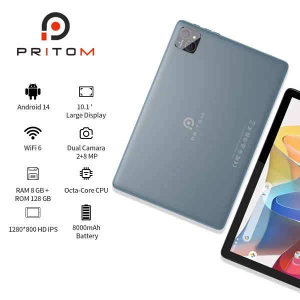 S0429ea8900854f8db04dd0e3ab7b86feg.webp PRITOM TAB11 Android 14 Tablet 10 Inch, 8GB(4+4 Expand) RAM + 128GB ROM, Octa Core, 5G WiFi, with Keyboard, Mouse, Case