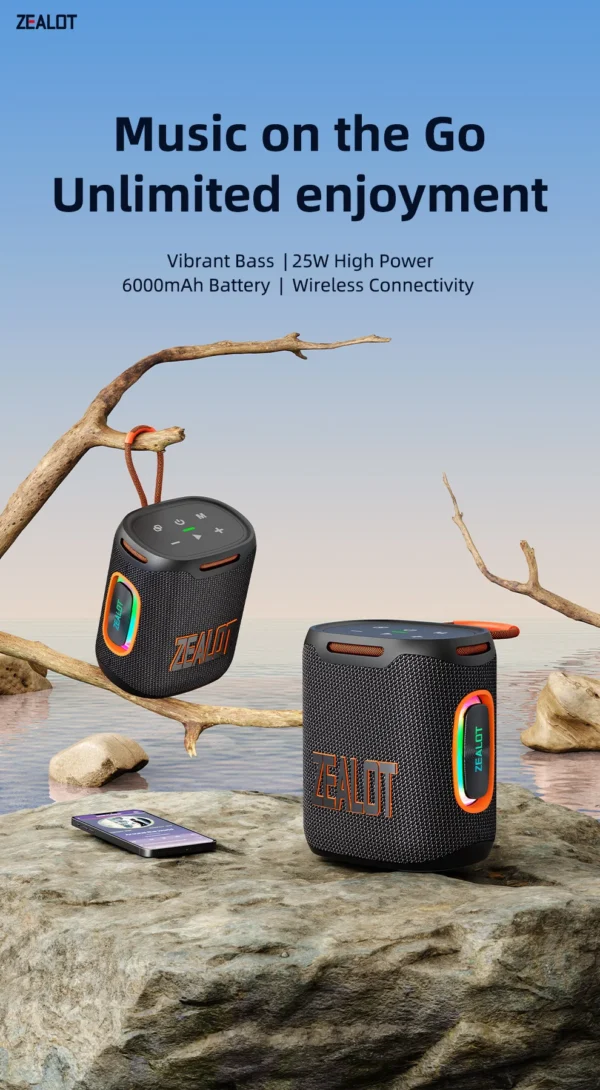 Zealot-S122 Bluetooth Speaker BT5.4 Wireless IPX6 Waterproof Shower Speaker,25W HiFi Stereo Sound,TWS Pairing,20H Music Playtime