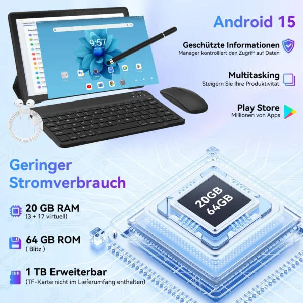 S062934b77657405198ae34e608ef0b12m.webp URAO Android 15 Tablet 10.1 Inch 20GB RAM 64GB ROM 5-core Dual Camera Tablets PC Set Keyboard/Case/Mouse/Stylus/Headphone