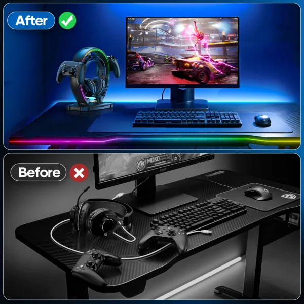 S07f289f9f56f4180b4d399e4adecb49cX.webp Headphone & Controller Stand with 9 Light Modes - Foldable Controller Hanger for Desk - Earphone Stand with Cable Organizer