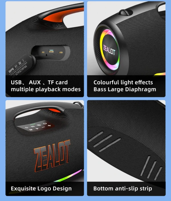S0a60a1e8d69d4e1e9481b2339c0e6c4ec.webp ZEALOT S89 Wireless Speaker 250W Portable Outdoor with RGB Color Lights Long 48000mAh Battery up to 8 Hours Playtime