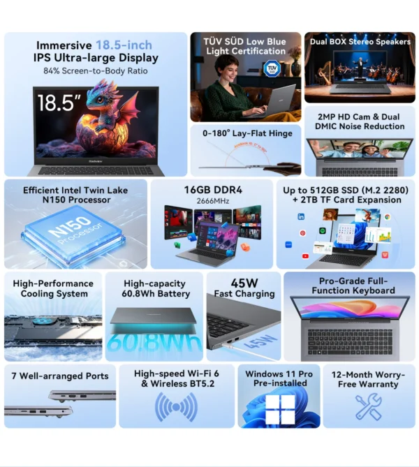 S0d5d88fdd73e484b84951d5e970a4d252.webp Blackview Laptop AceBook 10 16GB DDR4 512GB SSD 4-Core Intel Twin Lake N150 18.5'' LCD Display Computer Windows 11 Pro IPS