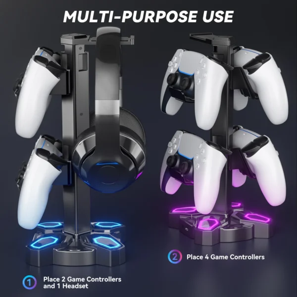 S0deae3d646354b09a2cff254cdcecc06H-1.webp For Gaming Headphones Stand Rotatable Headset Stand 9 Light Modes Controller Holder with USB Charging Ports Earphone Hanger