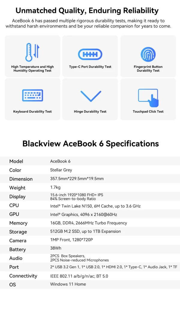 Blackview Acebook 6 Laptop, Laptops Computer for Business Student, Quad-Core N150,16GB DDR4 256GB SSD,15.6” FHD IPS TÜV Screen