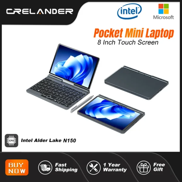 S0f425625ad5e4c0ab2da579012a07977q.webp CRELANDER P8 Mini Laptop 8 Inch Touch Screen Intel Lake N150 12GB DDR5 WiFi 6 2 In 1 Laptop Notebook Tablet PC Pocket Laptop