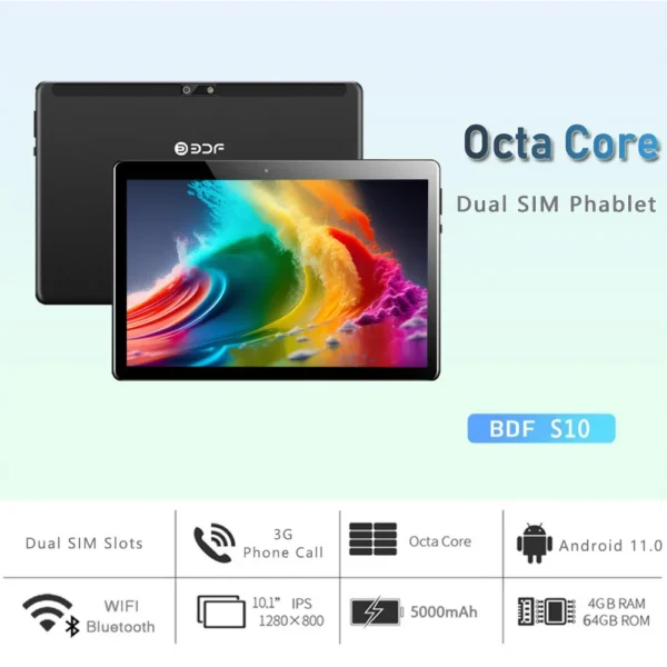 BDF Hot Sales New 10.1 Inch Tablets Octa Core 4GB RAM 64GB ROM Dual SIM Cards 3G Phone Call WiFi Bluetooth Google Play Tablet Pc