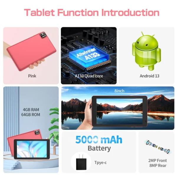 PRITOM 8 Inch Tablet Android 14, 8GB(4+4 Expand) RAM 64GB ROM,1TB Expand,1280x800 IPS Screen 5000MAH Battery,Dual Camera, WiFi