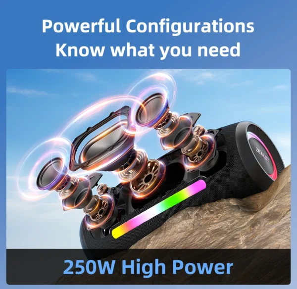 S186a6399a7754f929af9e945b3cda8abN.webp ZEALOT S89 Wireless Speaker 250W Portable Outdoor with RGB Color Lights Long 48000mAh Battery up to 8 Hours Playtime