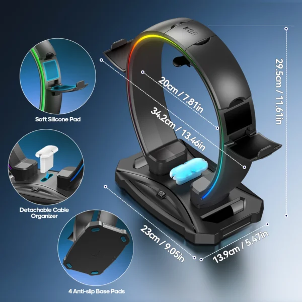 S1a4ffa6ede0e4608a7fb6a4697553a04G.webp Headphone & Controller Stand with 9 Light Modes - Foldable Controller Hanger for Desk - Earphone Stand with Cable Organizer