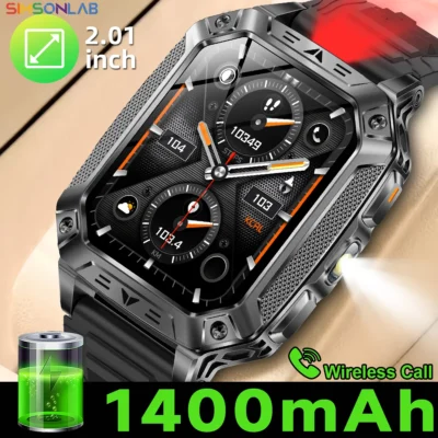 S1cdbaaf8321c48c1bdf5b2982199d51eY.webp 2026 Military Smartwatch 2.01''Color Screen Outdoor Sports Watch for Men SOS Red Alarm Flashing Flashlight Health Monitor IP68